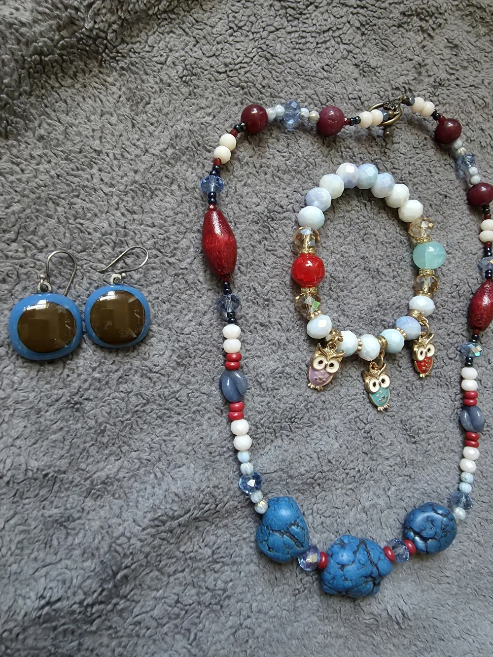 Blue Stone & Red, White Bead Necklace & Owl Charm Bracelet Set